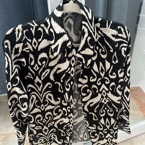 MANGO Satin Button-Up Blouse | Black & White Ikat Print | Size S